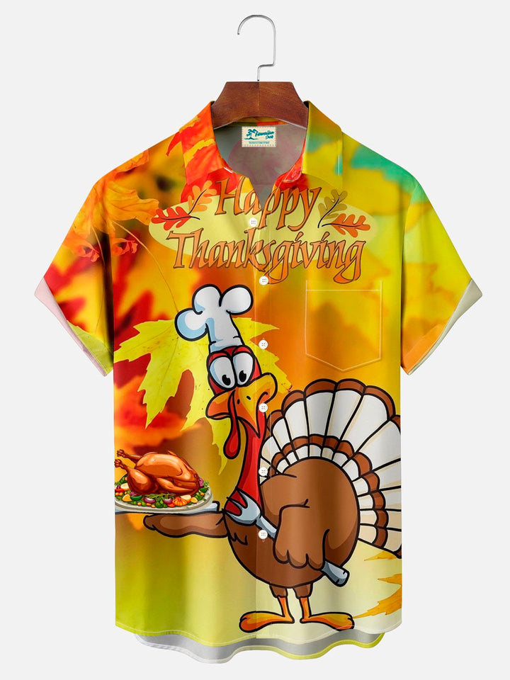 Chemise à manches courtes et poches boutonnées pour homme avec impression numérique 3D Thanksgiving Turkey d&