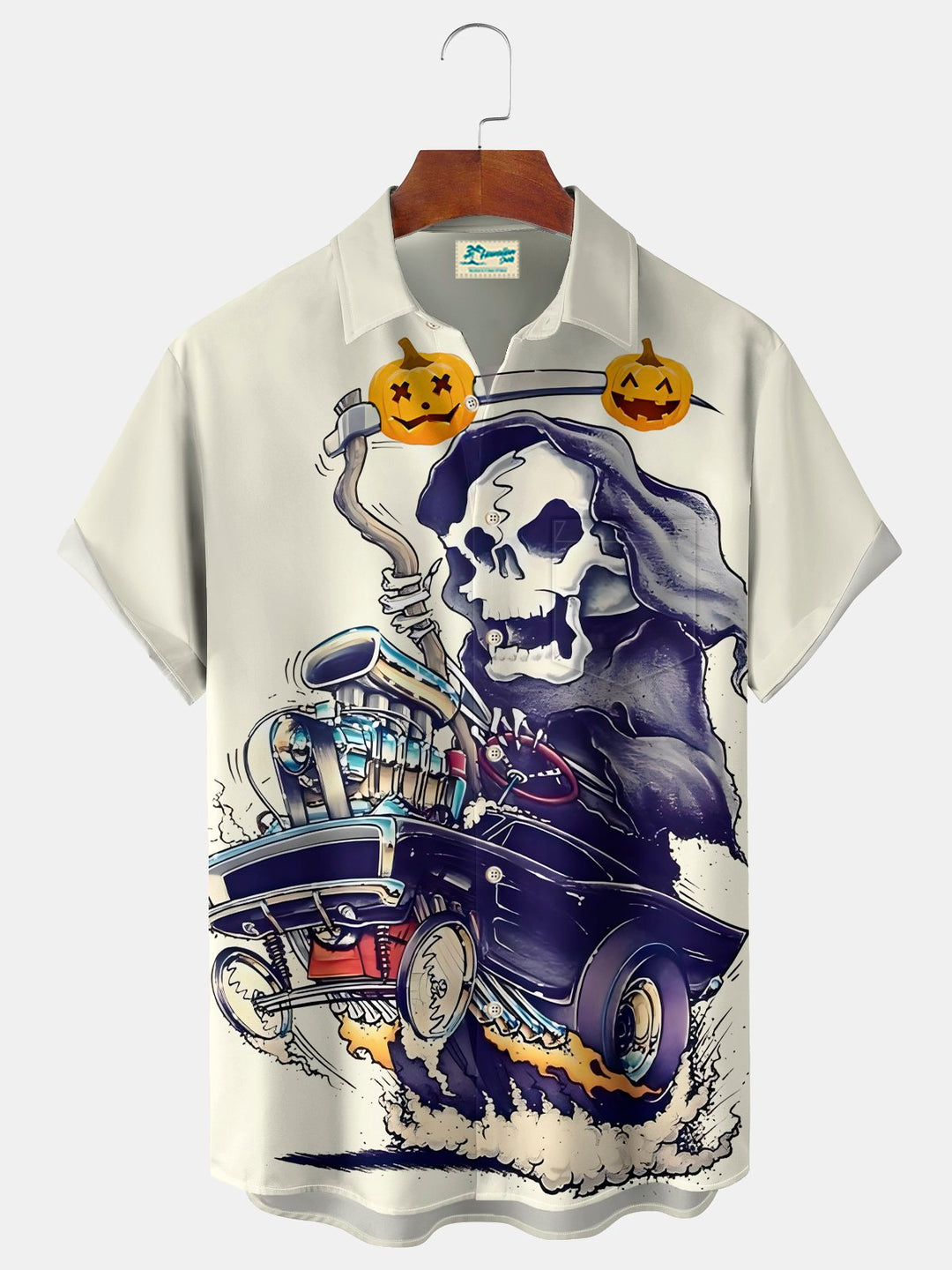 Camisa elástica con bolsillo en el pecho y estampado de dibujos animados de calaveras de Halloween para hombre de Alohadaddy, talla grande