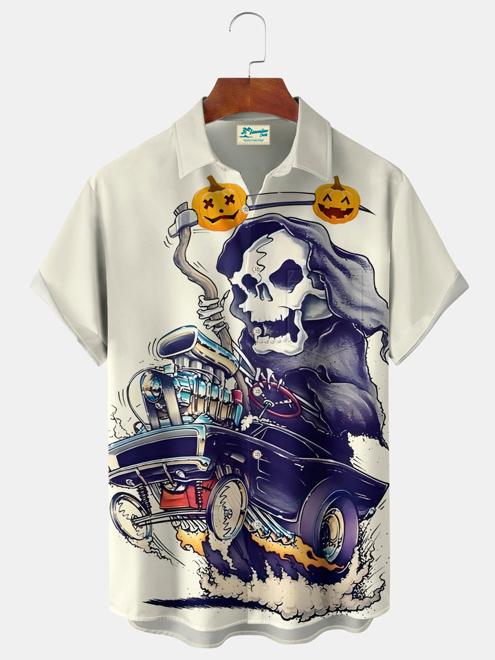 Camisa elástica con bolsillo en el pecho y estampado de dibujos animados de calaveras de Halloween para hombre de Alohadaddy, talla grande