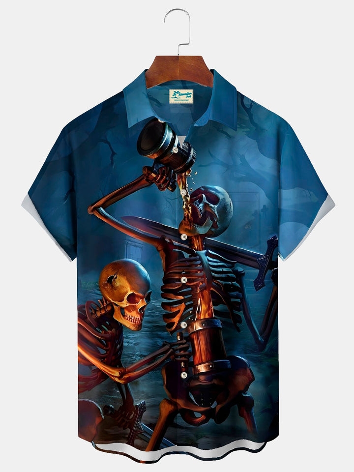 Camisa elástica con bolsillo en el pecho y estampado de dibujos animados de calaveras de Halloween para hombre de Alohadaddy, talla grande