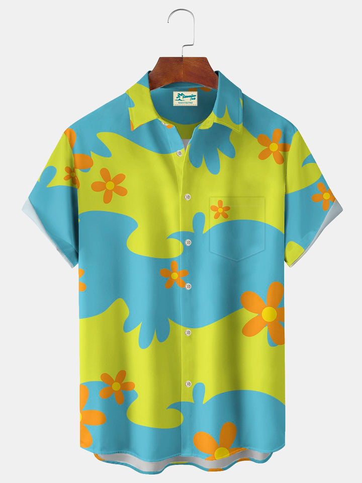 Alohadaddy Vintage Hippie Bus Flower Print Chest Pocket Stretch Shirt Big Tall
