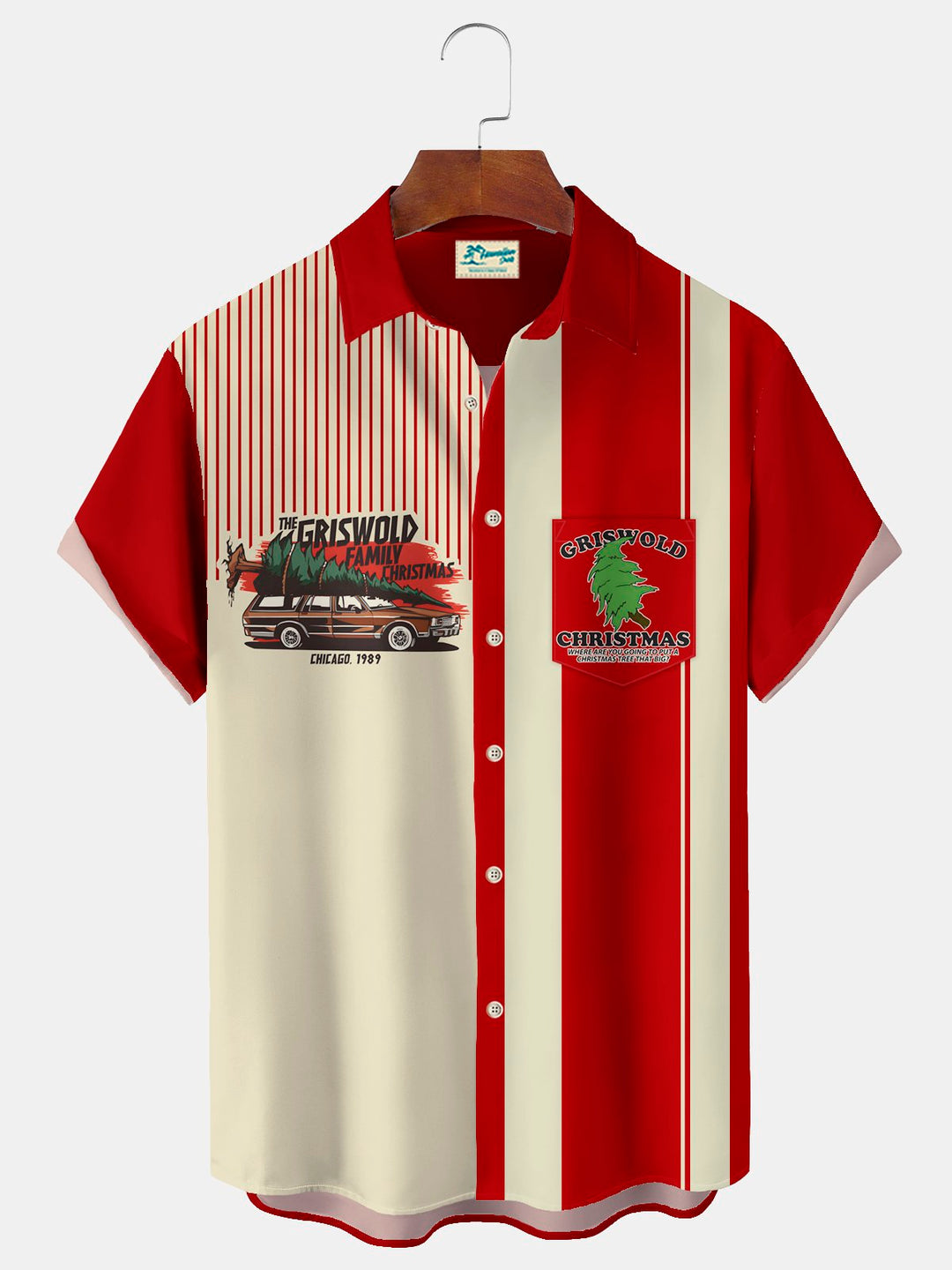 Camisa elástica con bolsillo en el pecho y estampado de dibujos animados de Griswold navideño de bolos vintage de Alohadaddy, talla grande