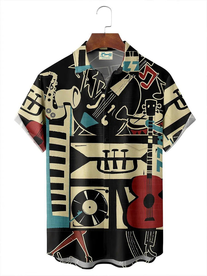 Camisa elástica con bolsillo en el pecho y estampado musical vintage de Alohadaddy, talla grande