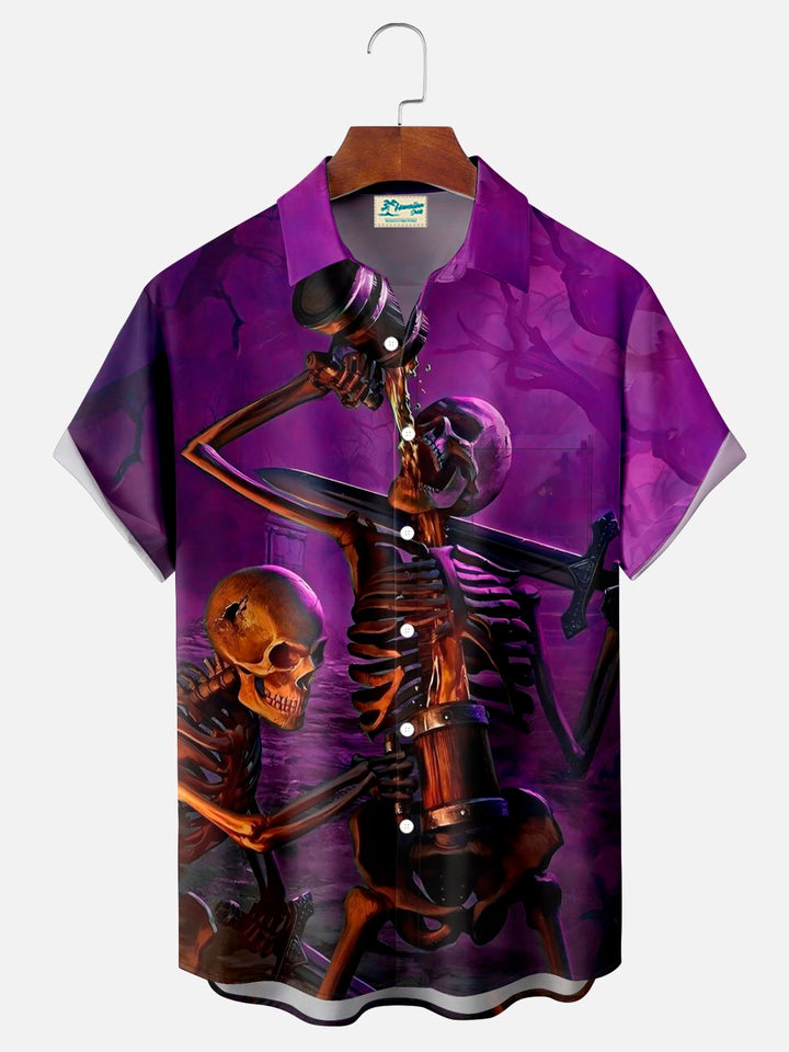 Camisa de manga corta con bolsillo abotonado y estampado digital 3D de calavera de Halloween para hombre de Alohadaddy, talla grande y alta