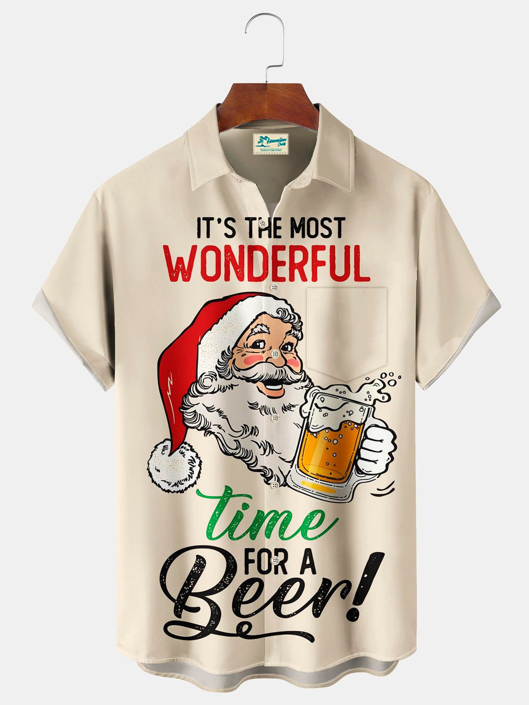 Camisa elástica con bolsillo en el pecho y estampado de dibujos animados de cerveza y Papá Noel navideño de Alohadaddy, talla grande