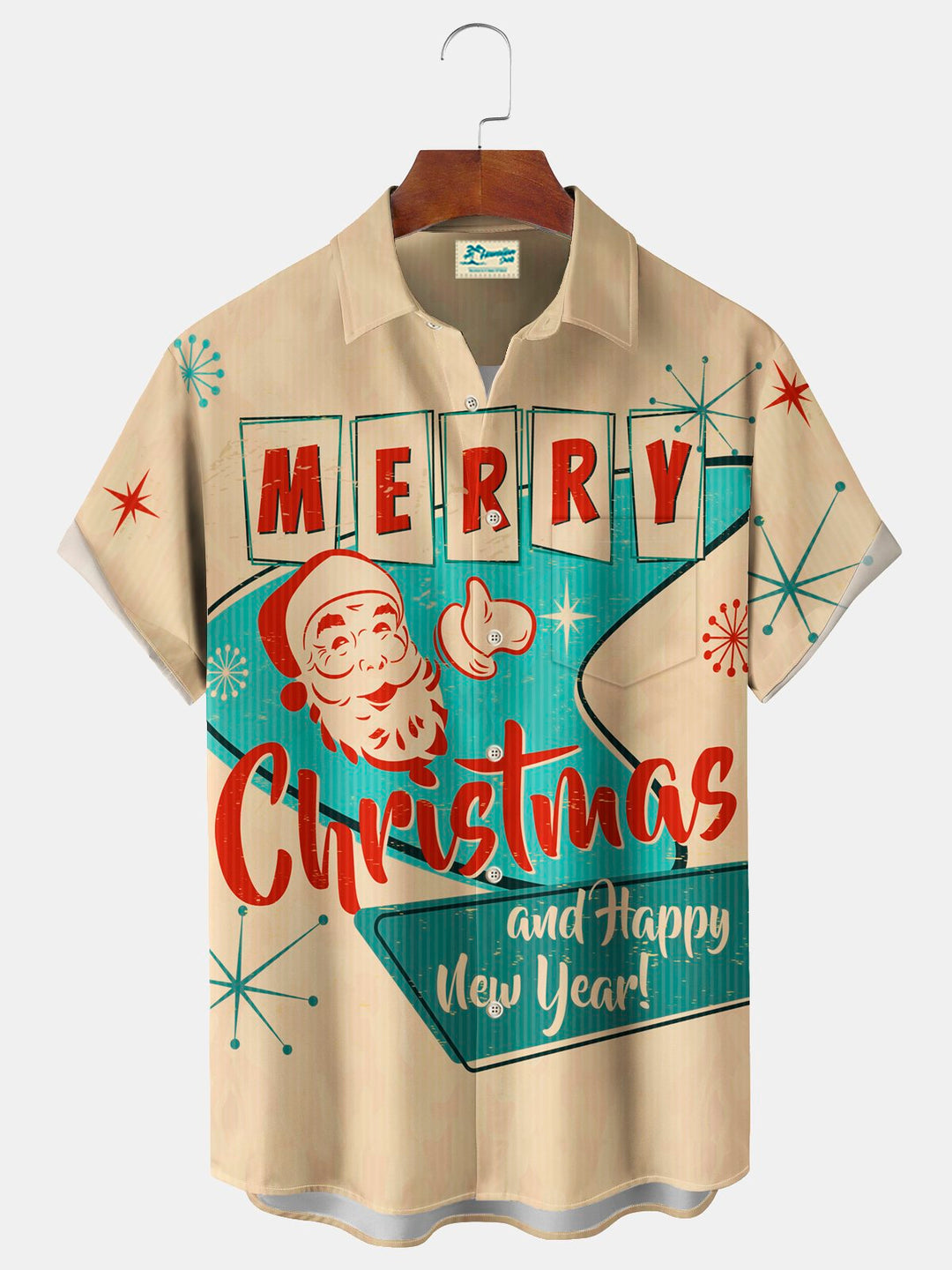 Chemises hawaïennes extensibles à imprimé géométrique Boomerang Joyeux Noël avec poche poitrine et motif Père Noël Alohadaddy