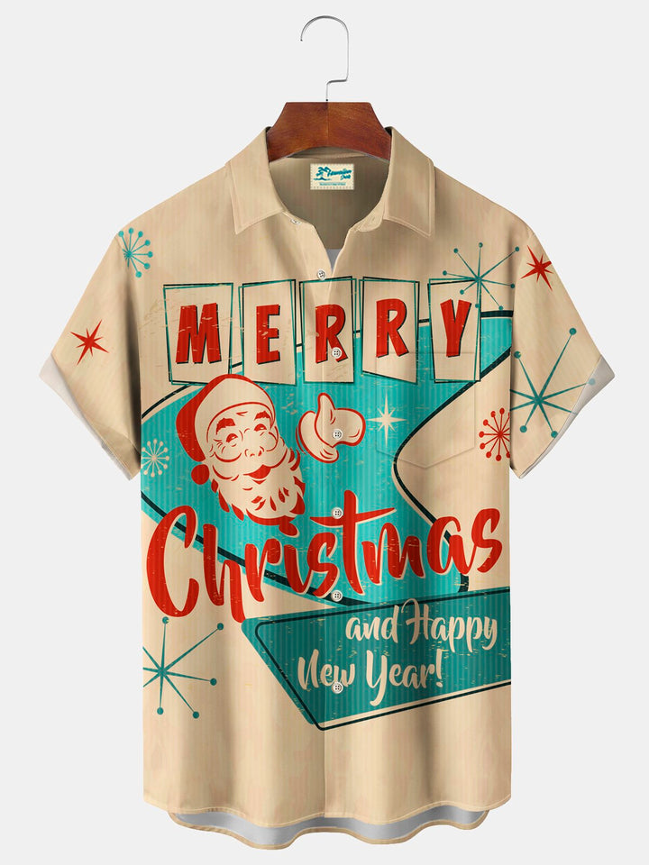 Chemises hawaïennes extensibles à imprimé géométrique Boomerang Joyeux Noël avec poche poitrine et motif Père Noël Alohadaddy