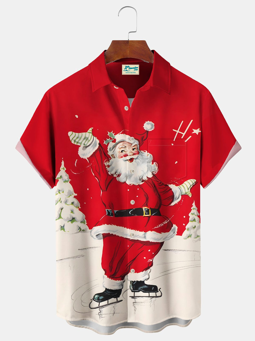Alohadaddy Christmas Santa Print Chest Pocket Stretch Hawaiian Shirt Big Tall