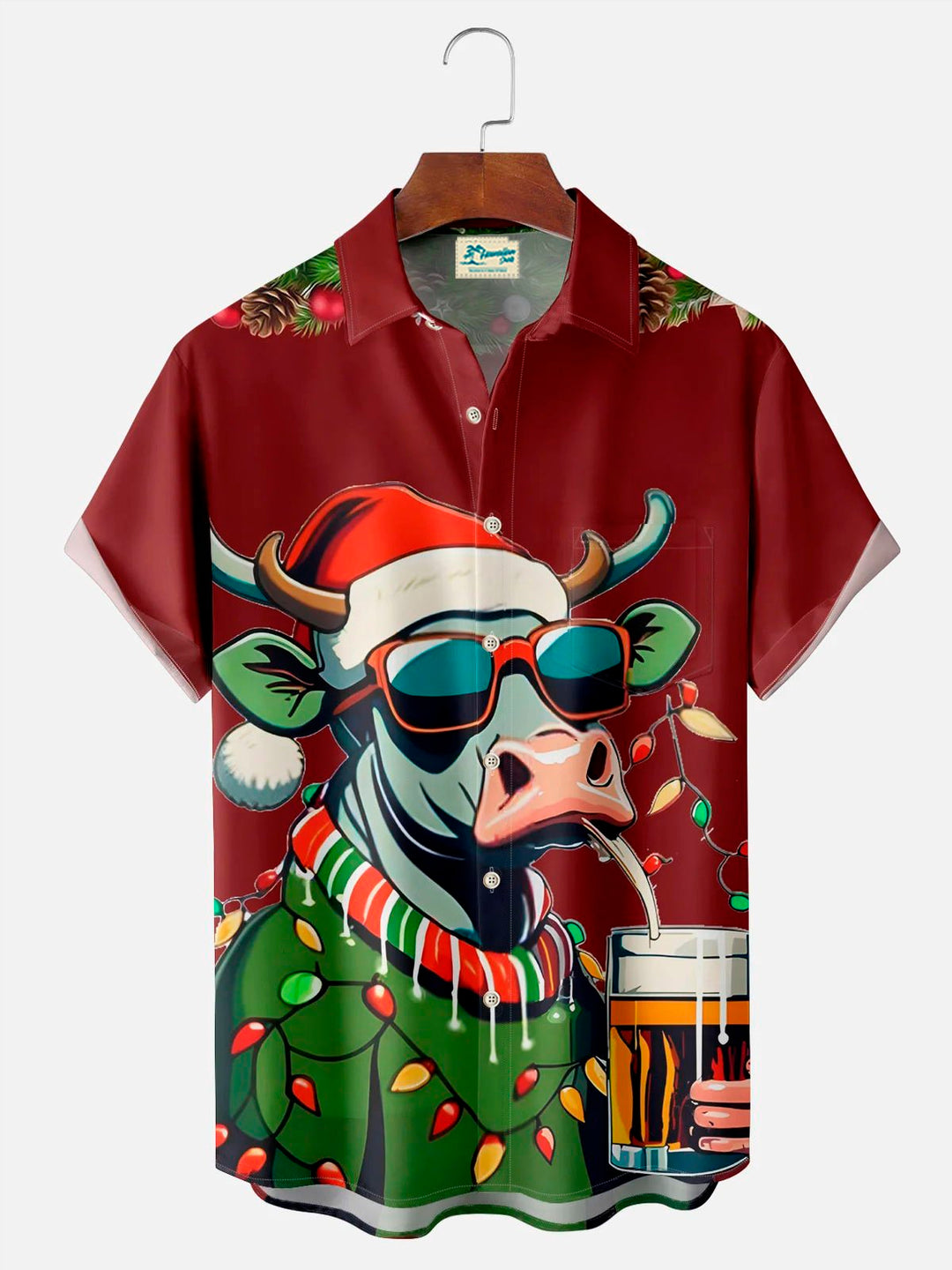 Camisa hawaiana elástica con bolsillo en el pecho y estampado de dibujos animados de vaca para hombre de Alohadaddy Christmas