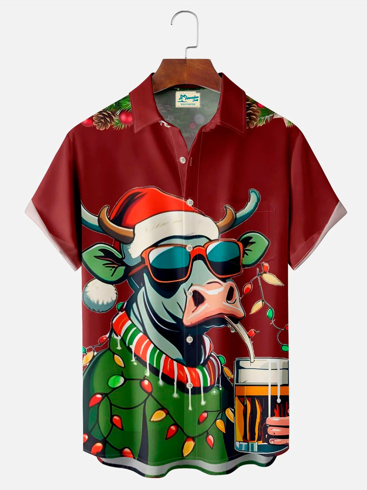 Camisa hawaiana elástica con bolsillo en el pecho y estampado de dibujos animados de vaca para hombre de Alohadaddy Christmas