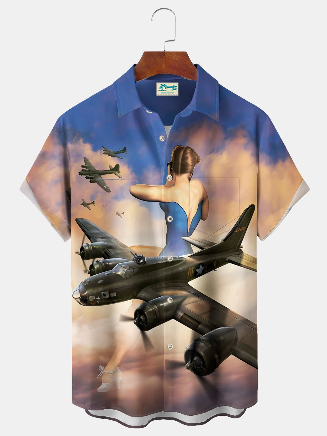 Camisa hawaiana elástica con bolsillo en el pecho para hombre con estampado de aviones de combate y pájaros de guerra de la Segunda Guerra Mundial de Alohadaddy