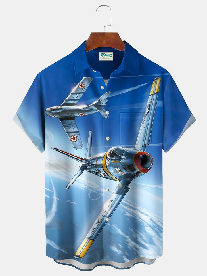 Camisa hawaiana elástica con bolsillo en el pecho y estampado vintage de luchador de Alohadaddy para hombre, estilo aviador táctico de combate