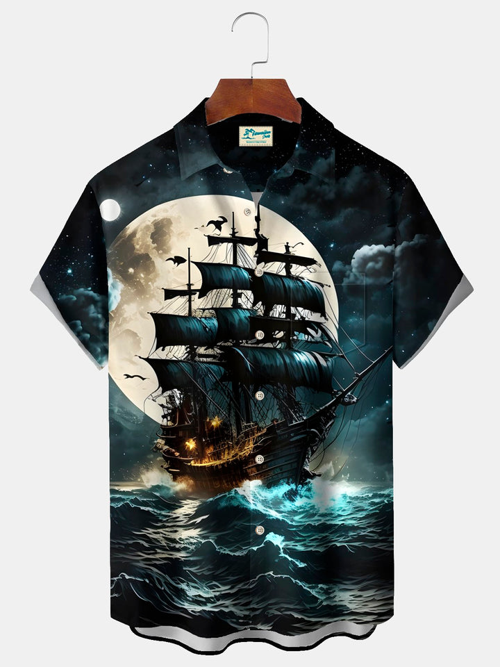 Camisa hawaiana elástica con bolsillo en el pecho y estampado de barco náutico vintage para hombre de Alohadaddy