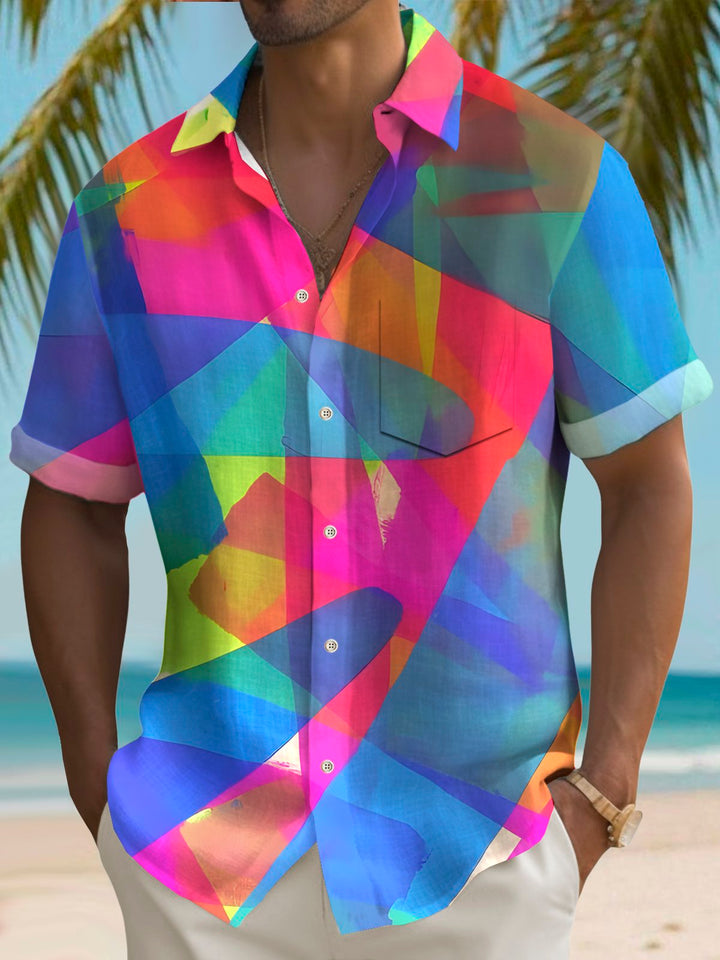 Alohadaddy® Vintage Gradient Geometry Print Chest Pocket Elasticity Hawaiian Shirt Big Tall