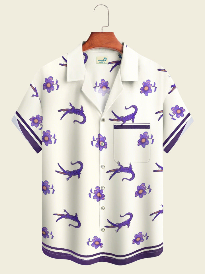 Alohadaddy Hawaiian Crocodile Flowers Art Print Button Cardigan Pockets Elastic Oversized Long Short Sleeve Shirt