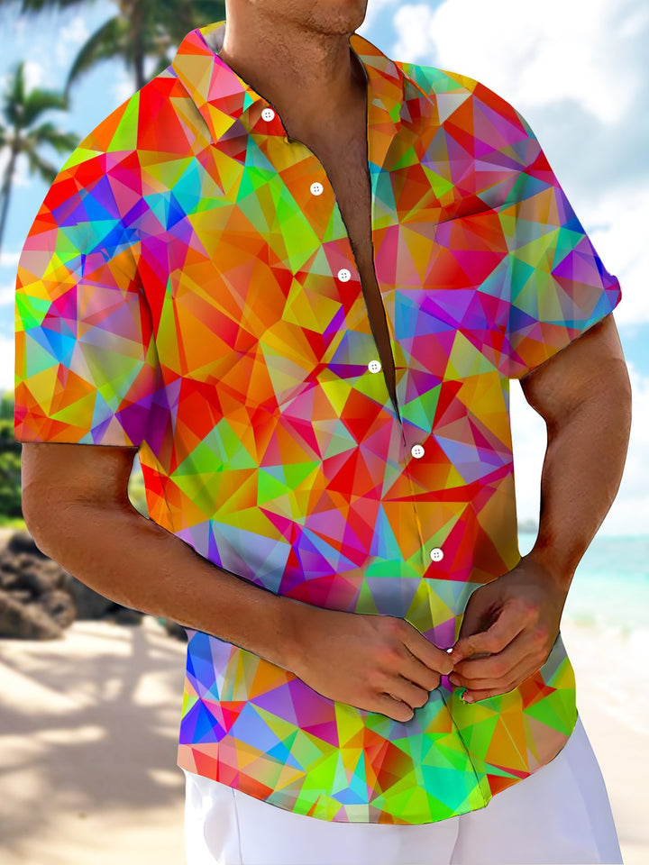 Alohadaddy® Casual Geometric Triangle Ombre Art Print Chest Pocket Large Size Long Hawaiian Men&