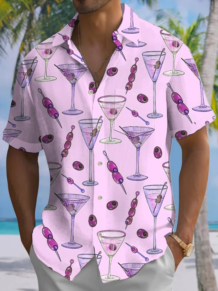 Alohadaddy® Wine Glass Fruit Art Print Chest Pocket Stretch Oversized Hawaiian Shirt