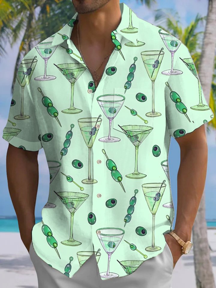 Alohadaddy® Wine Glass Fruit Art Print Chest Pocket Stretch Oversized Hawaiian Shirt