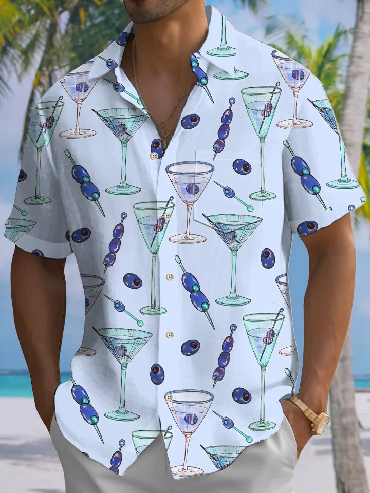 Alohadaddy® Wine Glass Fruit Art Print Chest Pocket Stretch Oversized Hawaiian Shirt