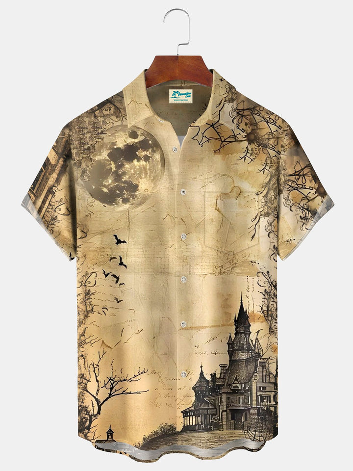 Alohadaddy® Halloween Castle Print Casual Stylish Hawaiian Shirt Summer Shirts Pocket Short Sleeve Shirt Big Tall