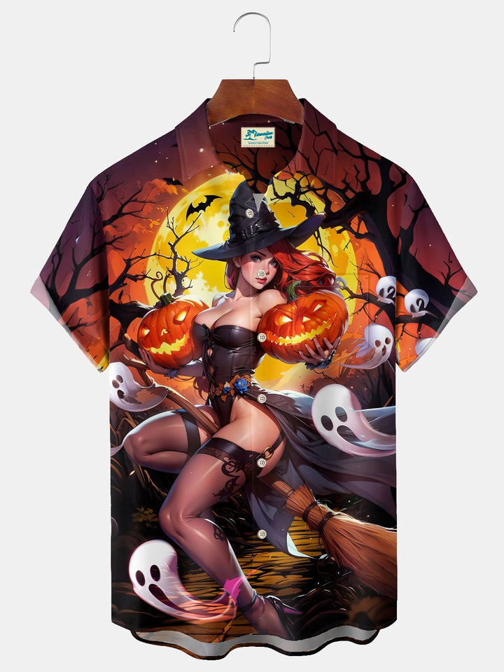 Alohadaddy® Halloween Witch Cartoon Print Casual Stylish Hawaiian Shirt Summer Shirts Pocket Short Sleeve Shirt Big Tall