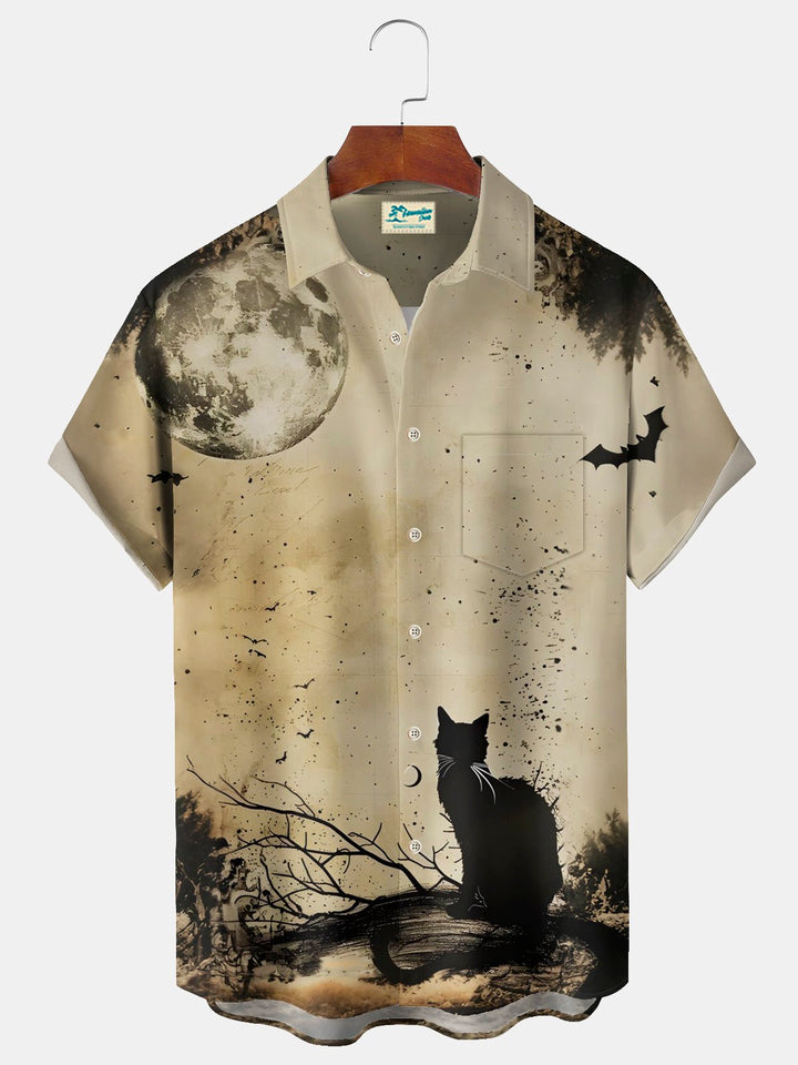 Alohadaddy® Halloween Cat Print Casual Stylish Hawaiian Shirt Summer Shirts Pocket Short Sleeve Shirt Big Tall