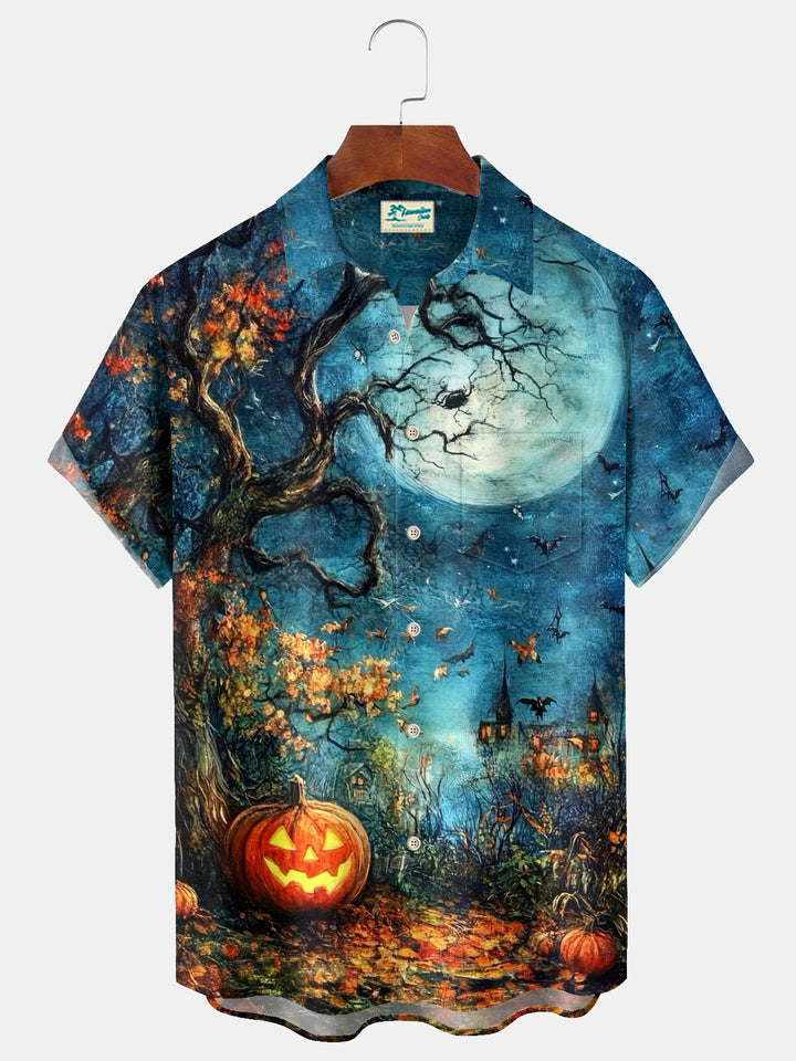 Alohadaddy® Halloween Pumpkin Print Casual Stylish Hawaiian Shirt Summer Shirts Pocket Short Sleeve Shirt Big Tall
