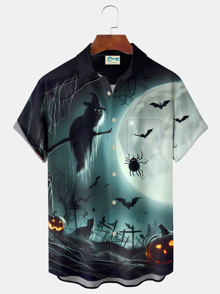 Alohadaddy® Halloween Cat Print Casual Stylish Hawaiian Shirt Summer Shirts Pocket Short Sleeve Shirt Big Tall