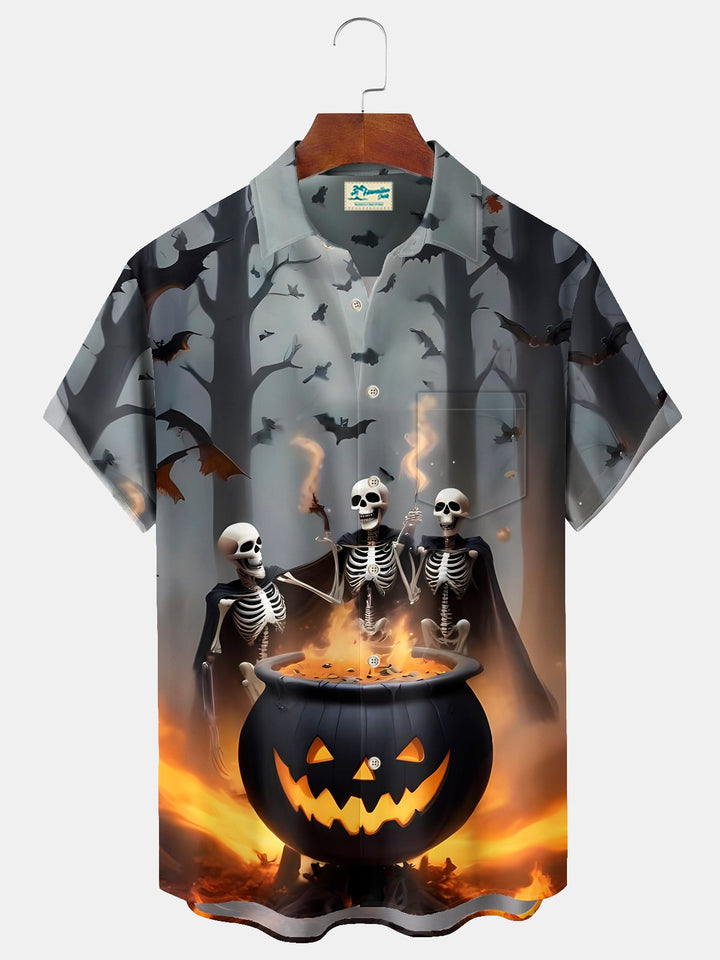 Alohadaddy® Halloween Skeleton Print Casual Stylish Hawaiian Shirt Summer Shirts Pocket Short Sleeve Shirt Big Tall