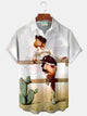Alohadaddy® Vintage Cowgirl Print Men's Casual Stylish Button Pocket Hawaiian Summer Shirts Short Sleeve Shirt Big Tall