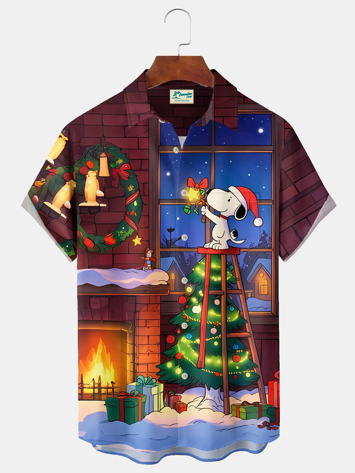 Alohadaddy® Christmas Cartoon Print Casual Stylish Hawaiian Shirt Summer Shirts Pocket Short Sleeve Shirt Big Tall