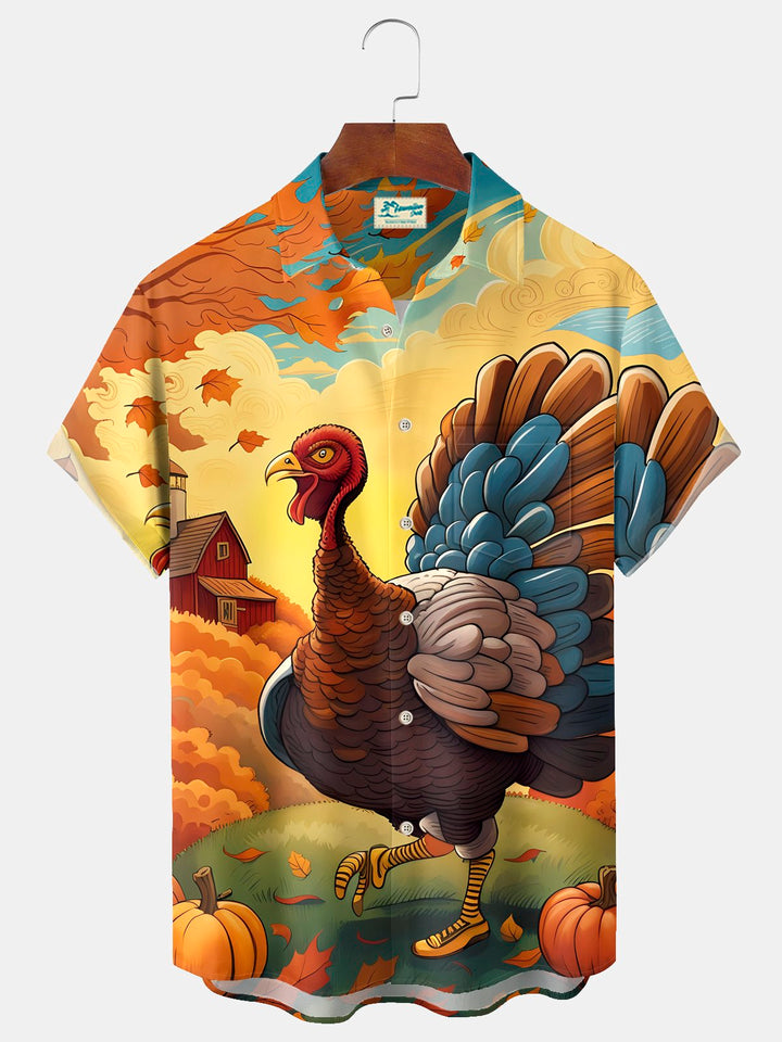 Alohadaddy® Thanksgiving Turkey Print Casual Stylish Hawaiian Shirt Summer Shirts Pocket Short Sleeve Shirt Big Tall