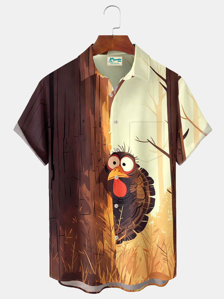 Alohadaddy® Thanksgiving Turkey Print Casual Stylish Hawaiian Shirt Summer Shirts Pocket Short Sleeve Shirt Big Tall