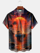 Alohadaddy® Men's Tropic Gradient Art Sailing Boat Sunset Palm Tree Print Retro Short-Sleeve Shirt Big & Tall