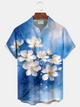 Alohadaddy® Men's Vintage Deep Sky Blue Blooming White Flower Artistic Retro Print Button Down Short-Sleeve Big & Tall