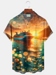 Alohadaddy® Men's Tropic Golden Sunset Luxury Cruise Ship Print Retro Button Down Short-Sleeve Big & Tall