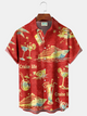 Alohadaddy® Men's Tropic Red Watercolor Grand Cruise Ship & Tropical Cocktail Print Button Down Short-Sleeve Big & Tall