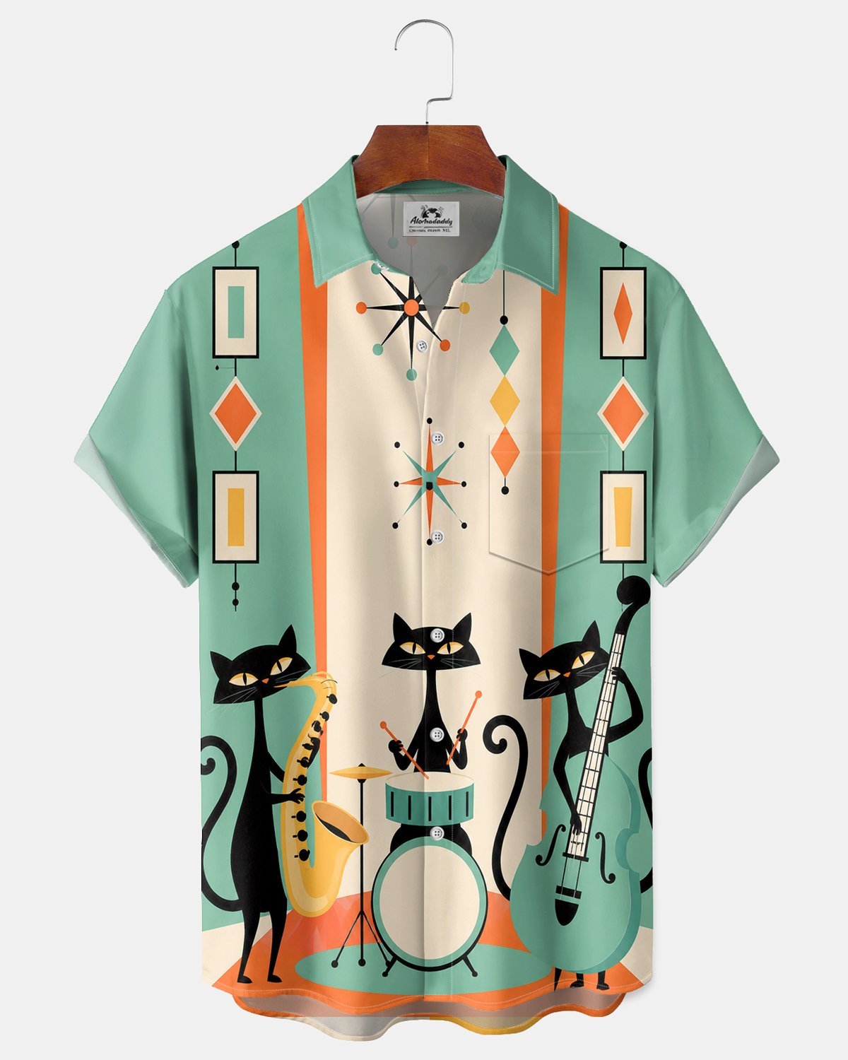 Alohadaddy® Men's Short-Sleeve Button-Down Shirt with Pocket Cat Music Print