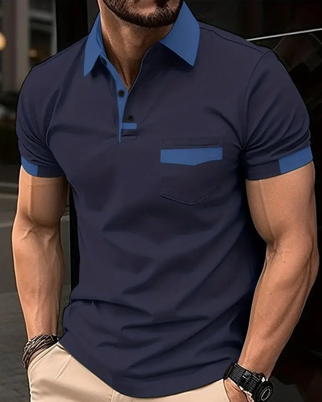 Alohadaddy® Chest pocket Color-block top Casual style Collared polo shirt