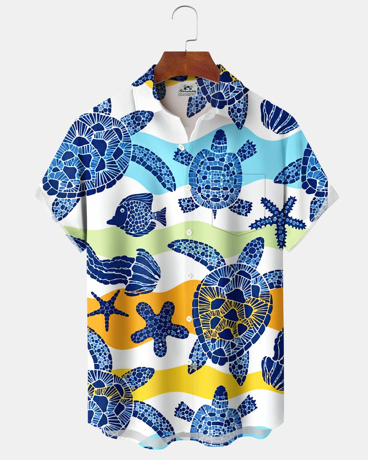 Alohadaddy® Casual Turtle, Starfish, and Fish Striped Print Men&