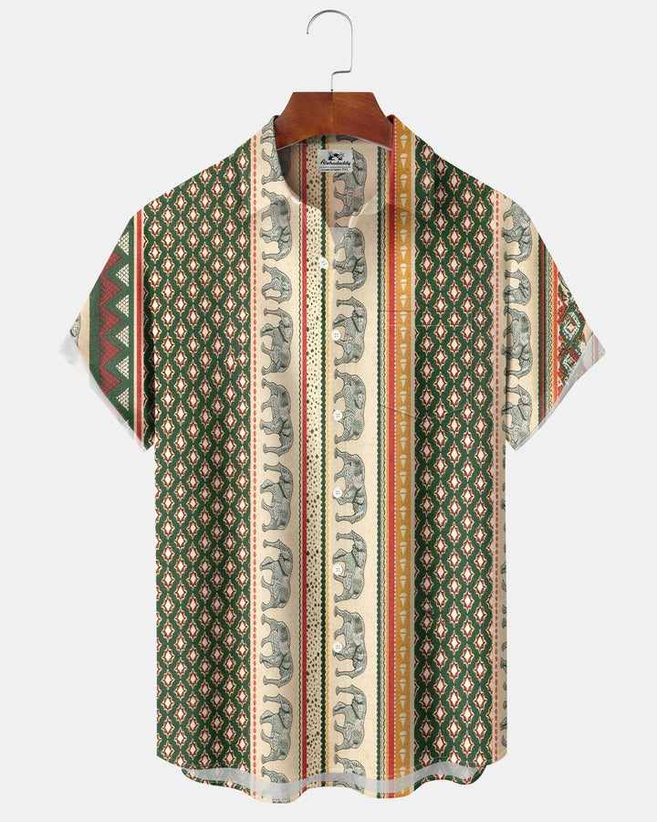Alohadaddy® Vintage Guayabera Elephant Geometric Print Men&