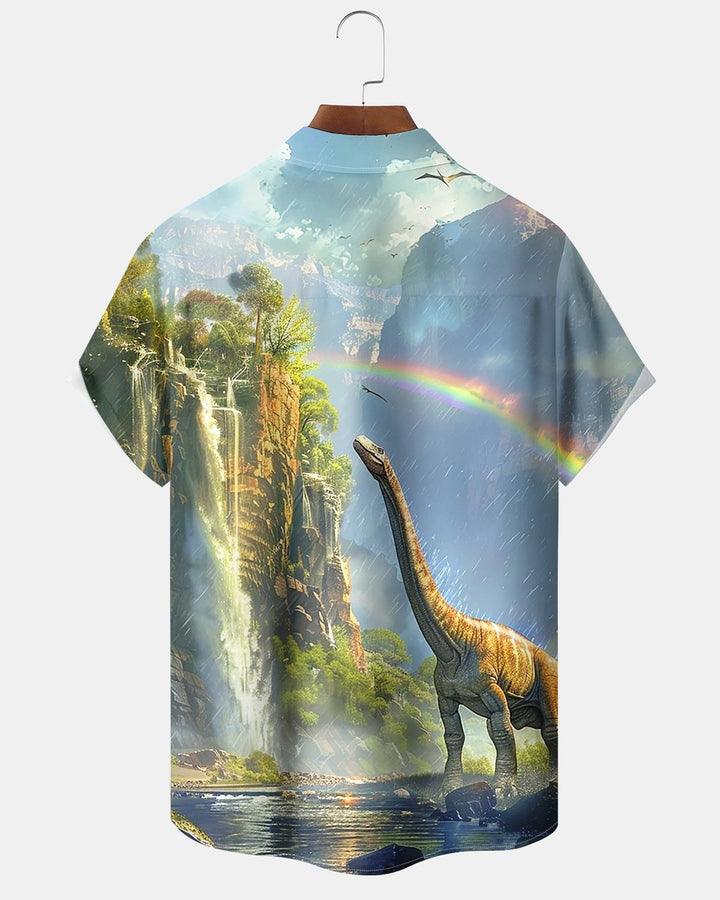 Alohadaddy® Retro Dinosaur Jungle Cliff Rainbow Print Men&