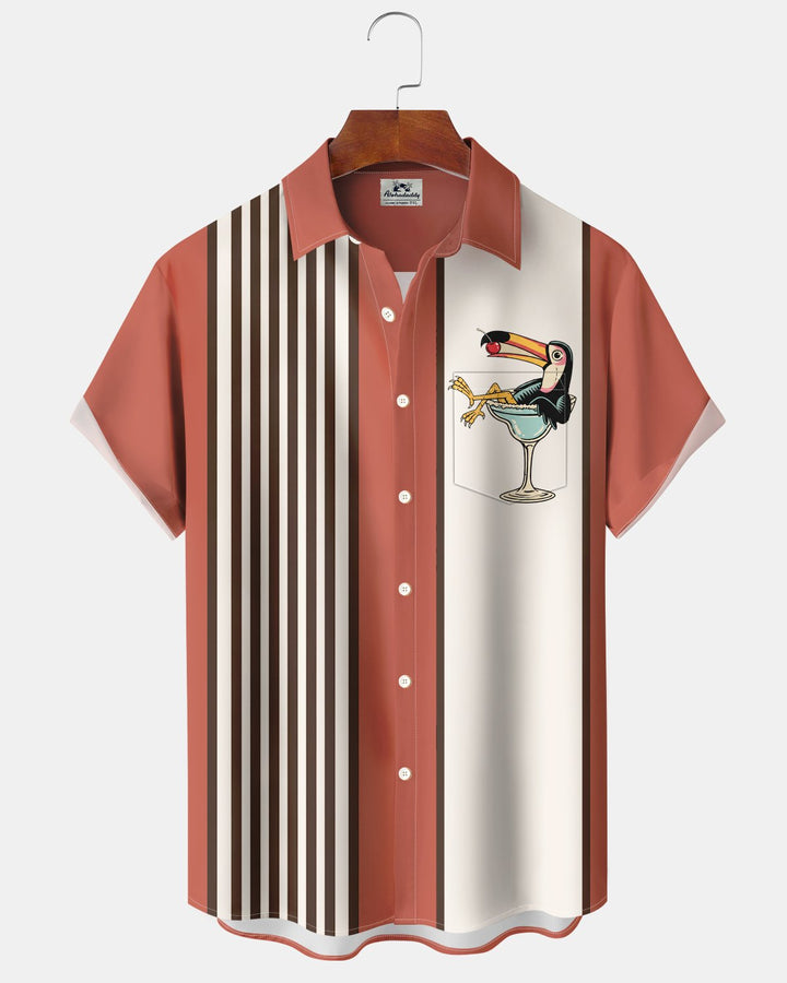 Alohadaddy® Retro Parrot Striped Bowling Shirt Print Men&