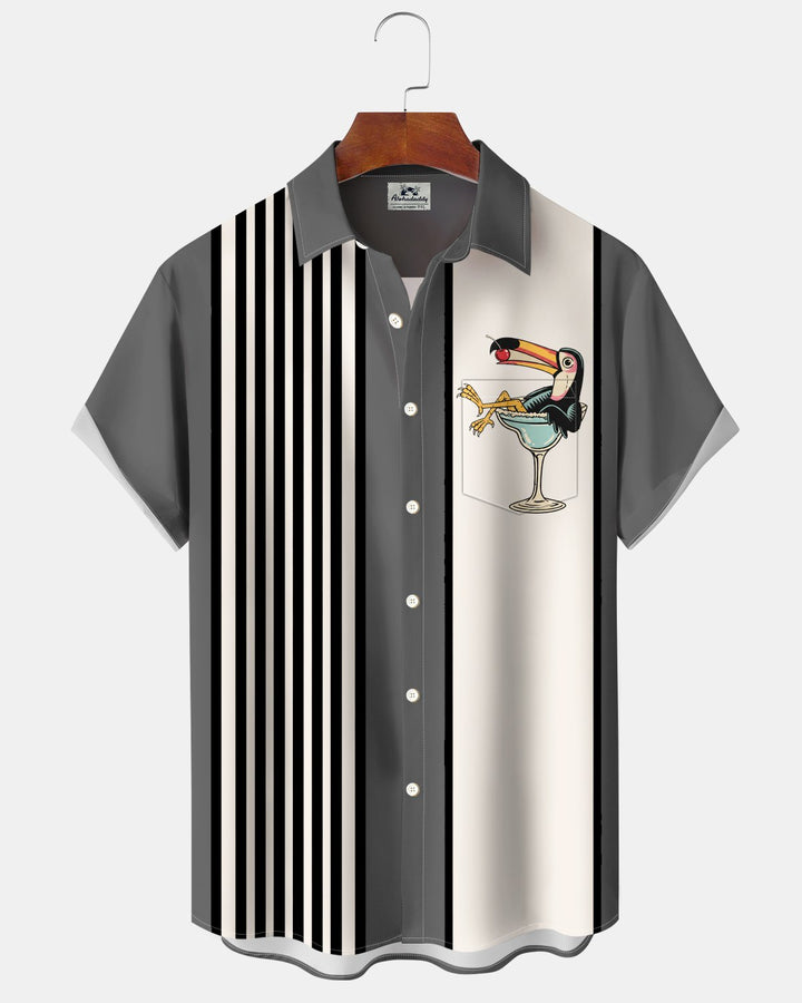 Alohadaddy® Retro Parrot Striped Bowling Shirt Print Men&