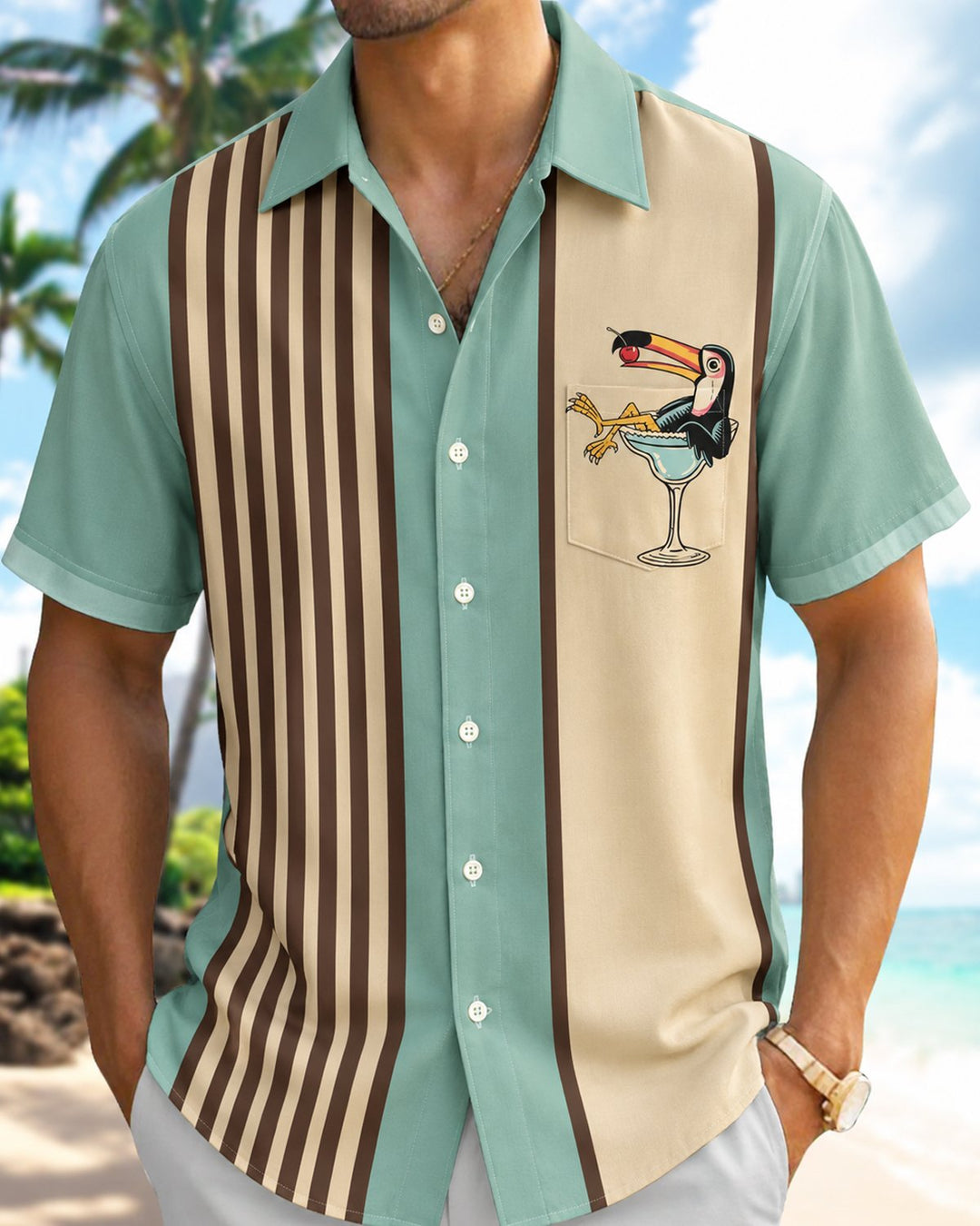 Alohadaddy® Retro Parrot Striped Bowling Shirt Print Men&