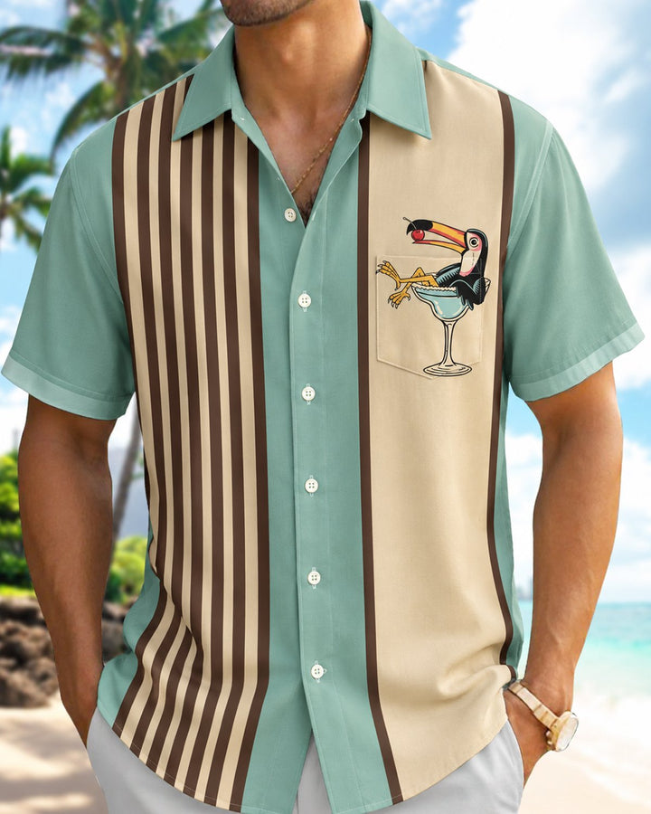 Alohadaddy® Retro Parrot Striped Bowling Shirt Print Men&