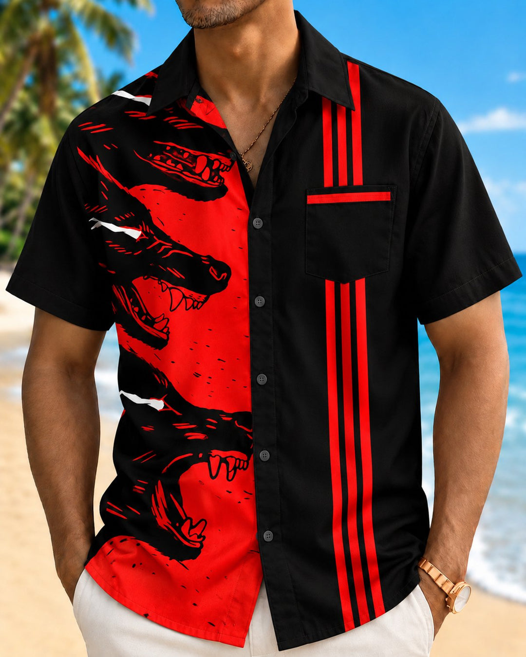 Alohadaddy® Retro Casual Wolf Howl Striped Bowling Print Men&
