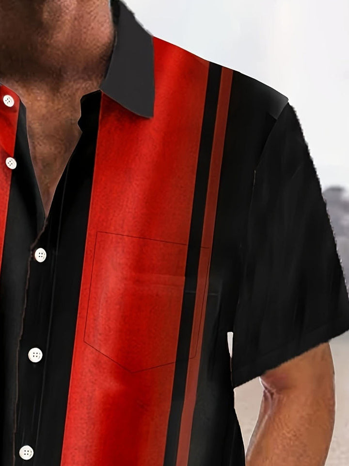 Camisa de manga corta con bolsillo abotonado y estampado de rayas en contraste estilo bolos retro para hombre de Alohadaddy