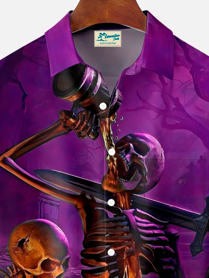 Camisa de manga corta con bolsillo abotonado y estampado digital 3D de calavera de Halloween para hombre de Alohadaddy, talla grande y alta