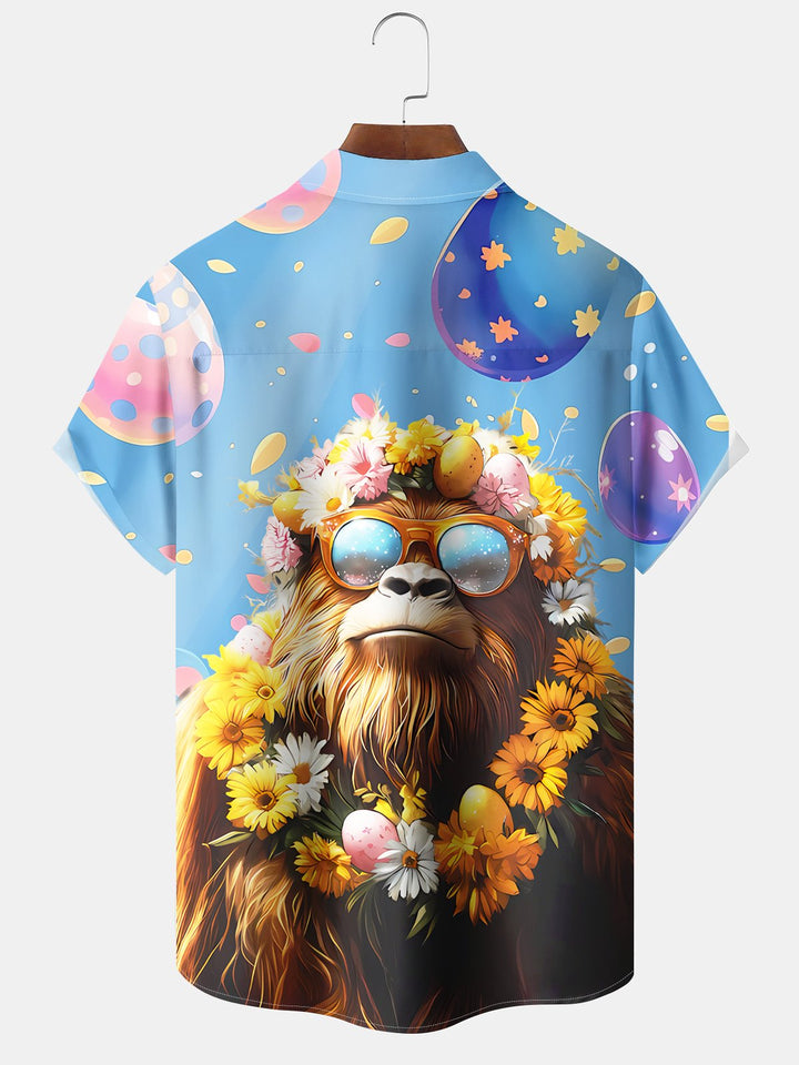 Alohadaddy Hawaii Resort Style Easter Bigfoot Print Art Pocket Button Stretch Large Size Men&